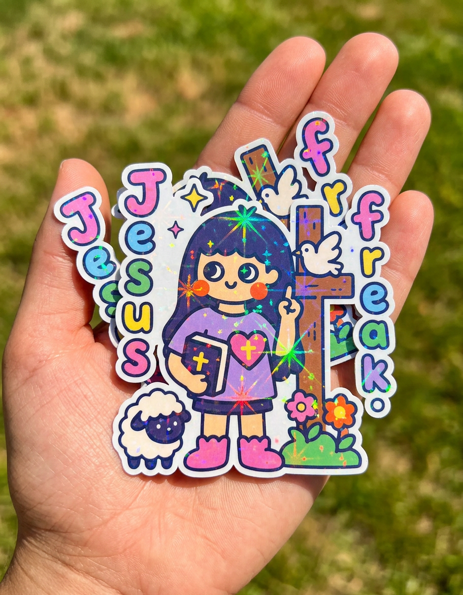 Colorful sticker with cartoon character, cross, and 'Jesus freak' text held in a hand against a grassy background