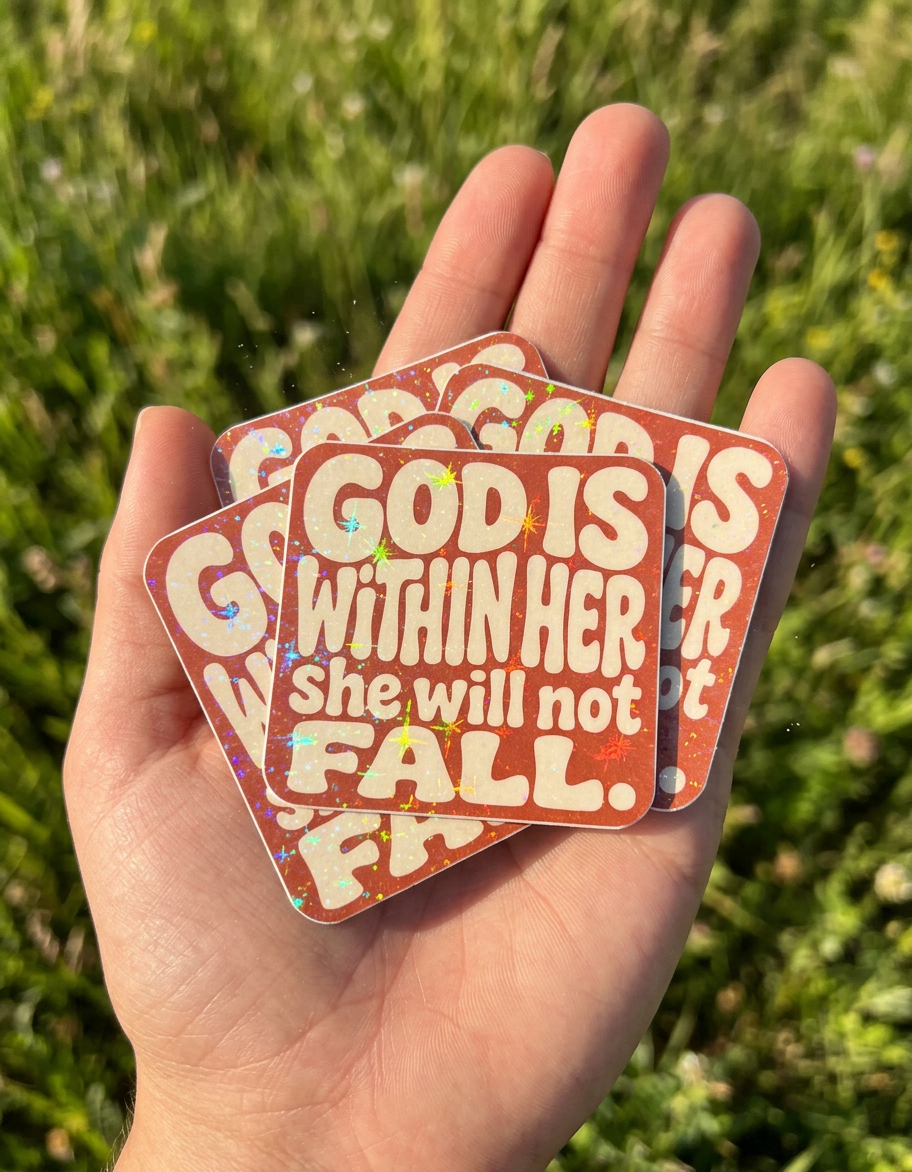 Hand holding three motivational stickers 'God is within her, she will not fall' with text against a grassy background