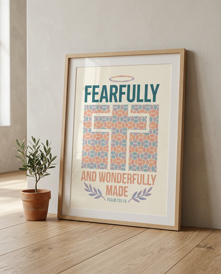 Framed poster with 'Fearfully and Wonderfully Made' text in a home setting