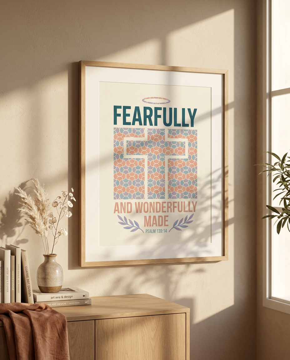 Fearfully and wonderfully made Psalm 139:14 Christian wall art poster minimalist neutral bedroom decor