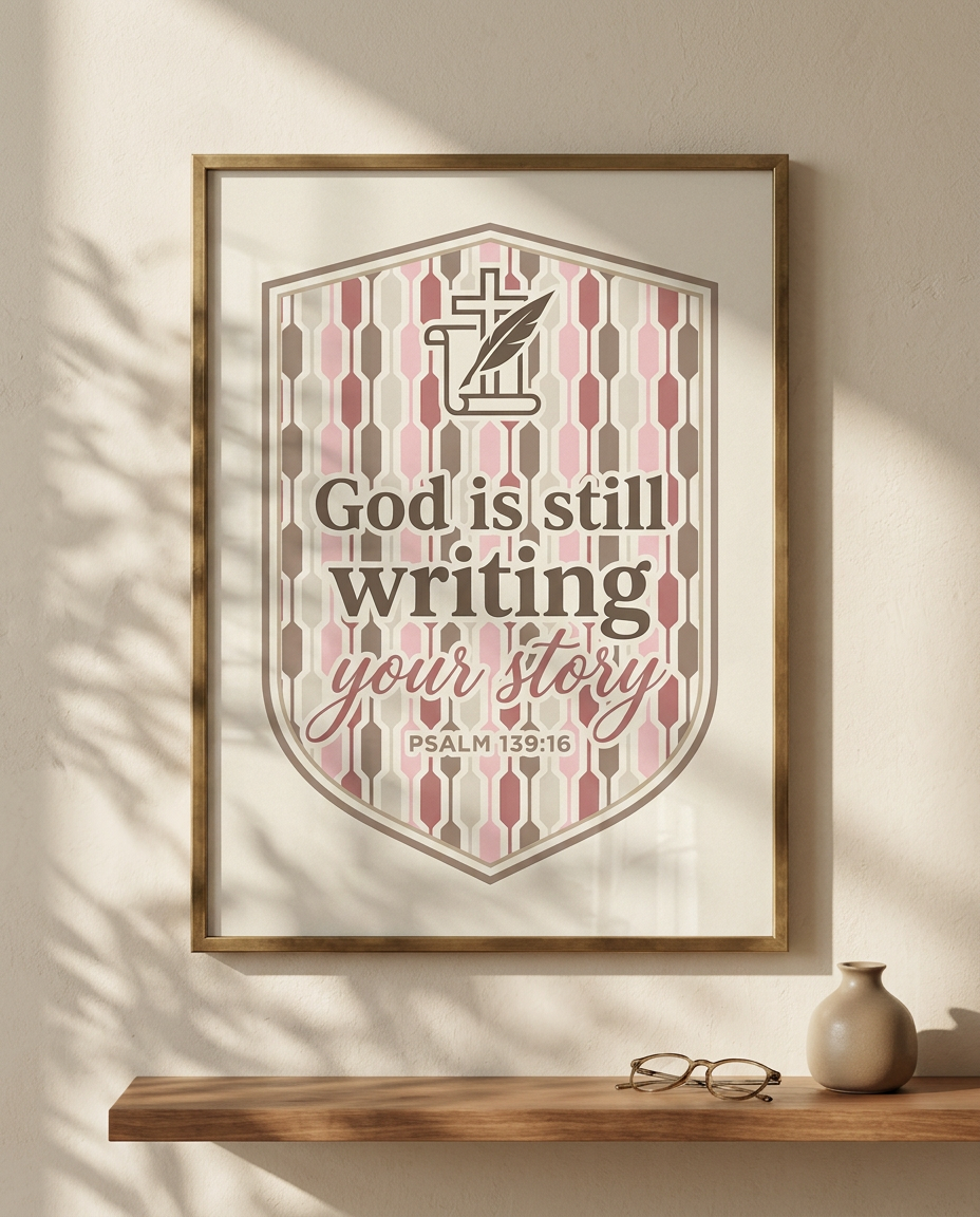 Framed poster with motivational quote 'God is still writing your story' on a wall.