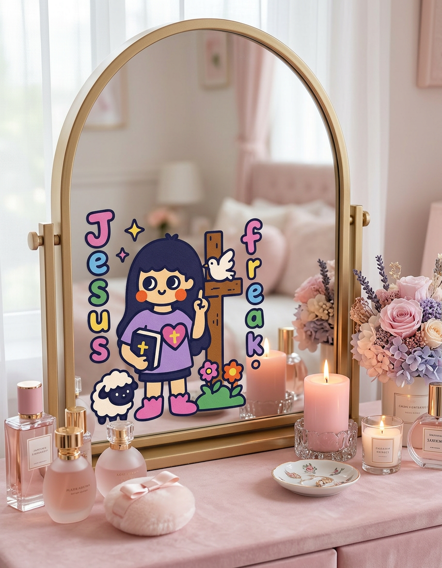 Decorative mirror with cartoon character and 'Jesus Freak' text on a vanity table with candles and perfumes.