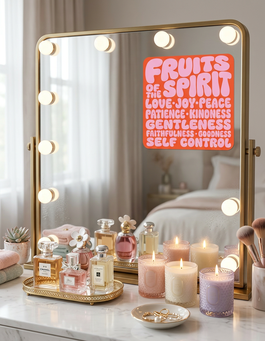Decorative vanity setup with lit candles, perfumes, and a mirror with 'Fruits of Spirit' sticker.