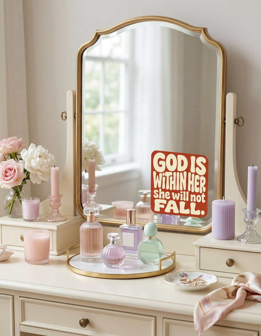 Dresser with decorative items including a mirror, candles, and a motivational sticker 'God is within her, she will not fall' text.