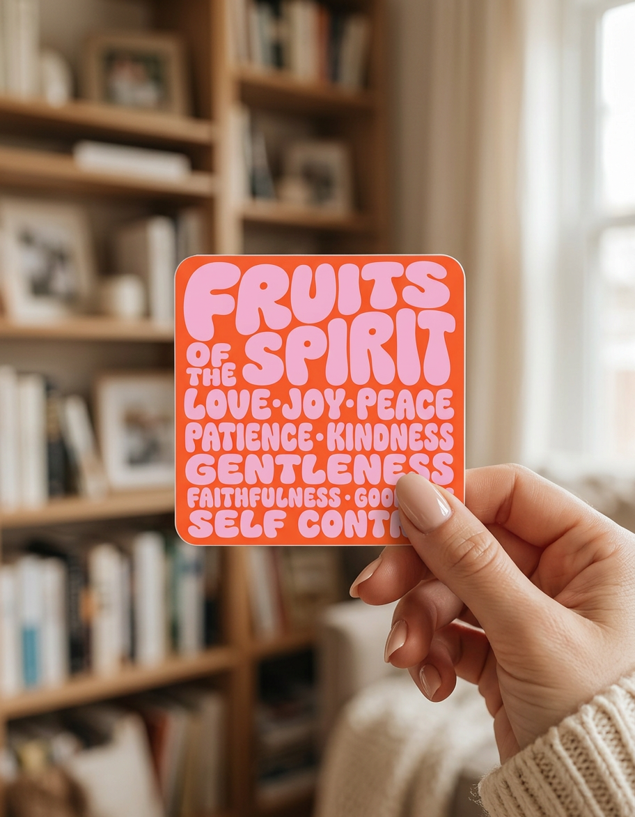 A person’s hand holds a square sticker with rounded corners against a blurred background of a wooden bookshelf. The sticker has a vibrant orange background with bubbly, pink text that reads "FRUITS OF THE SPIRIT" followed by a list of virtues: "LOVE, JOY, PEACE, PATIENCE, KINDNESS, GENTLENESS, FAITHFULNESS, GOODNESS, SELF CONTROL.