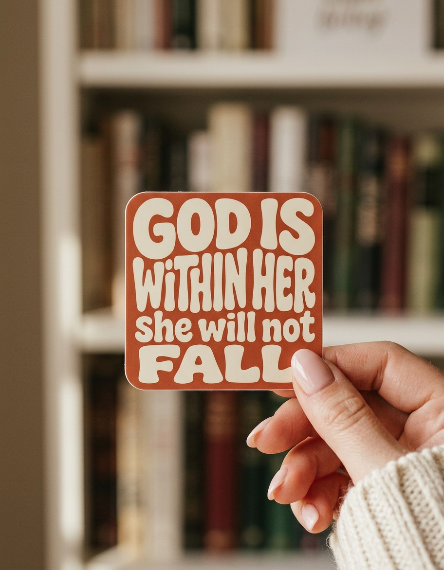 Hand holding a sticker with 'God is within her, she will not fall' text in front of a bookshelf.