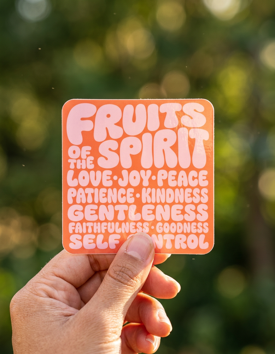 Hand holding a square sticker with 'Fruits of the Spirit' text against a blurred green background
