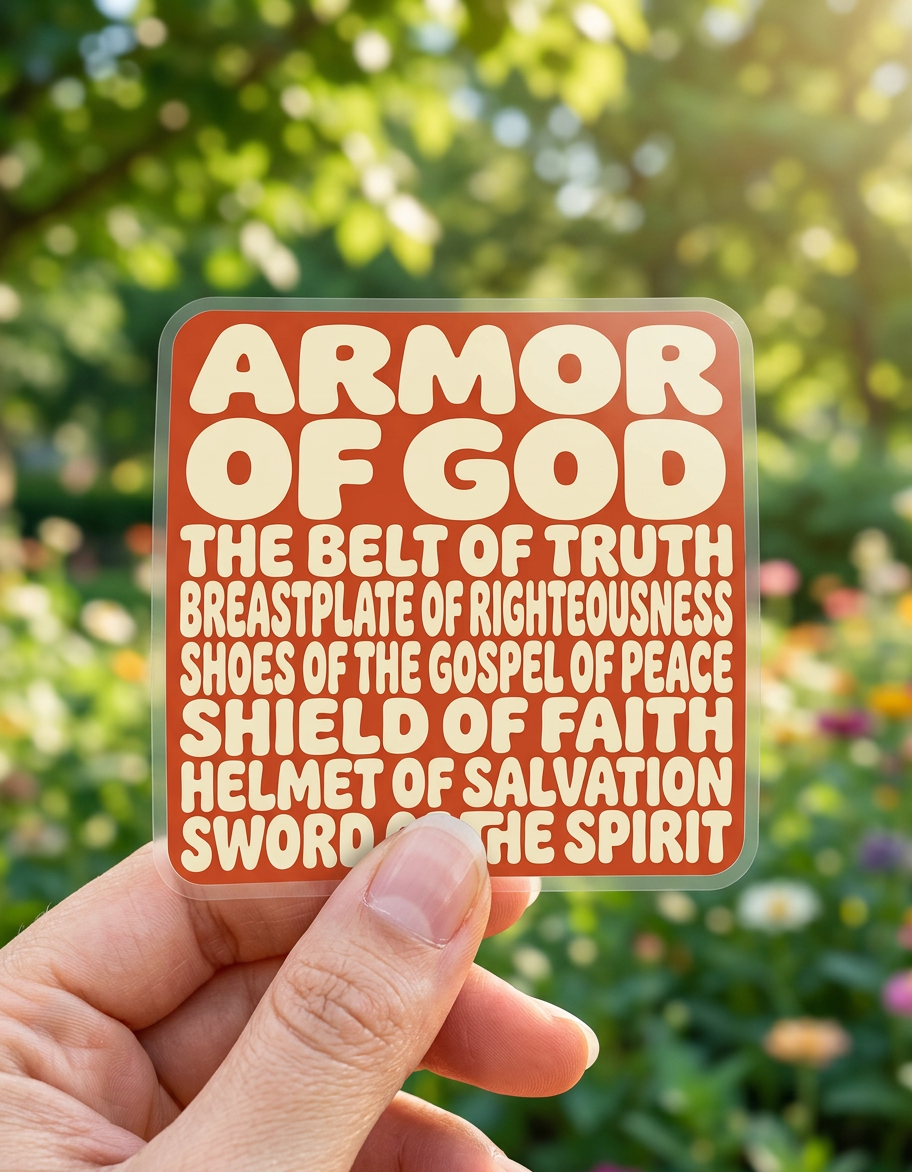 Sticker with 'Armor of God' text held in front of a blurred natural background