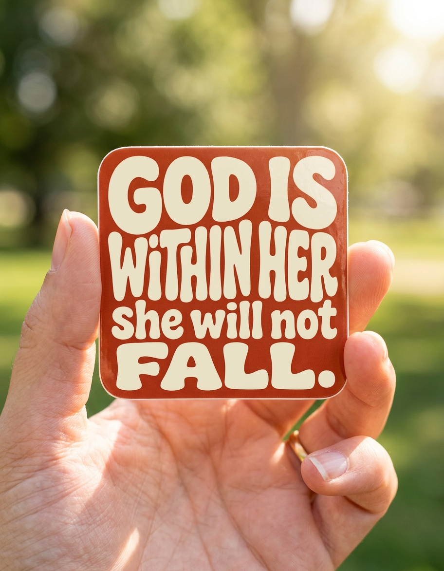 Hand holding a square sticker with 'God is within her, she will not fall' text against a blurred outdoor background.
