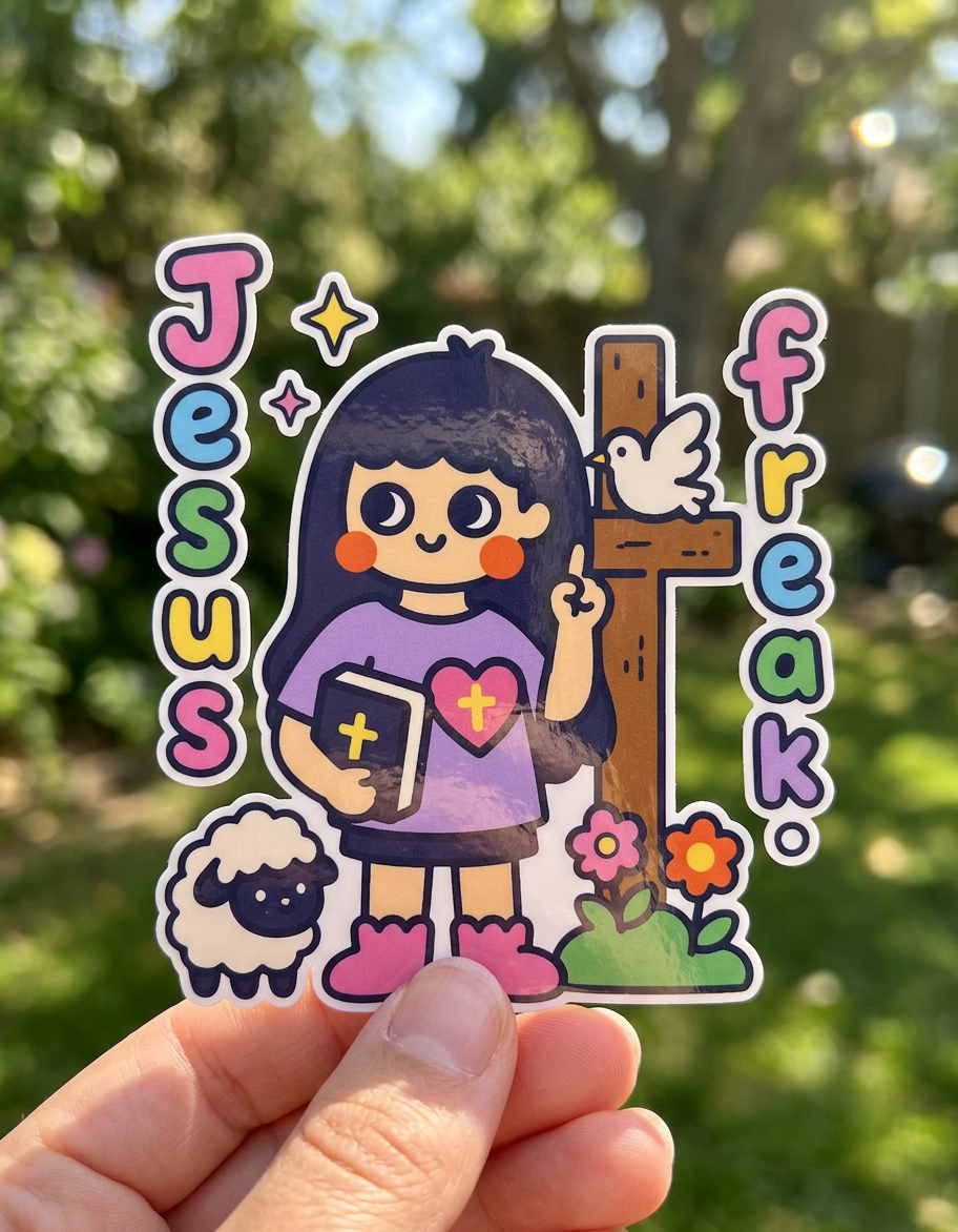 Sticker of a cartoon character holding a Bible, surrounded by 'Jesus freak' text and illustrations, held against a blurred natural background.