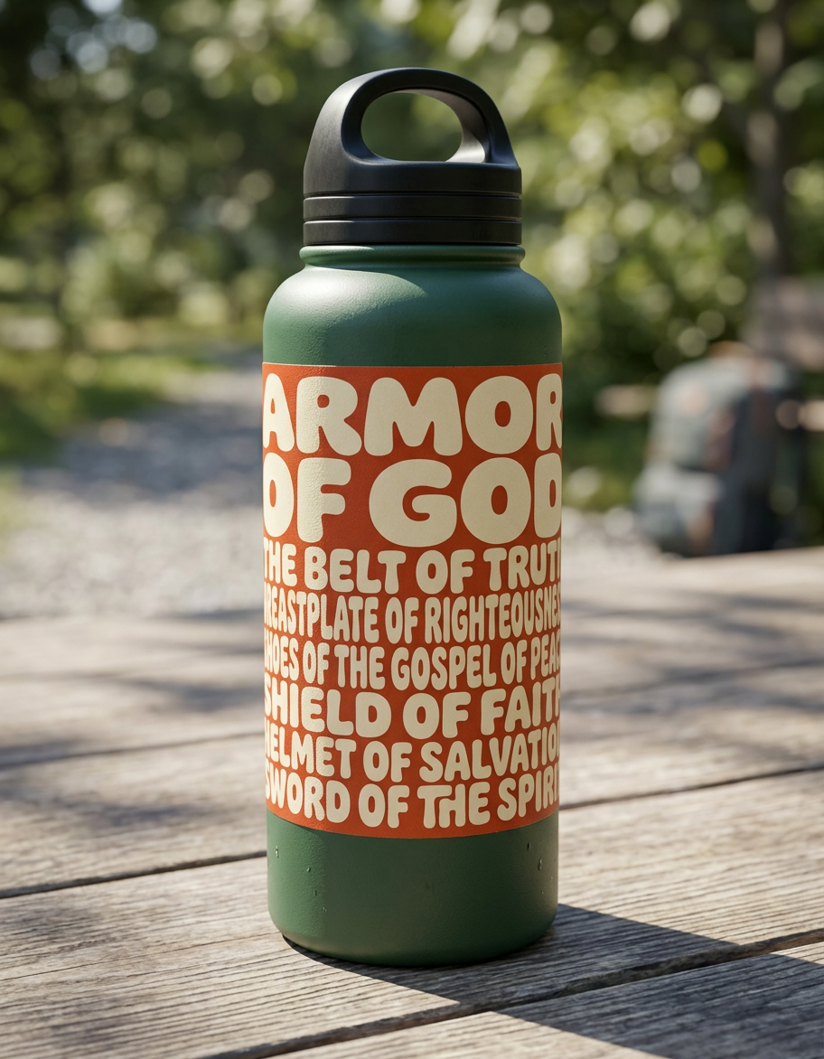A forest green reusable water bottle stands on a weathered wooden surface, featuring a large, rust-colored sticker with cream-colored, retro-style text that reads "ARMOR OF GOD" followed by its biblical components. The background shows a blurred outdoor path with green trees in soft, natural light.
