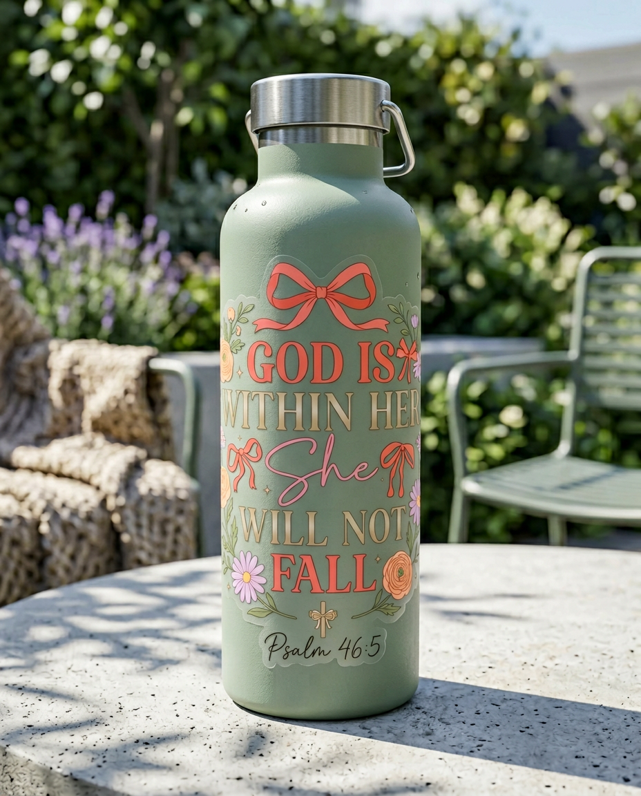 Green water bottle with floral sticker 'God is within her, she will not fall' on a table outdoors