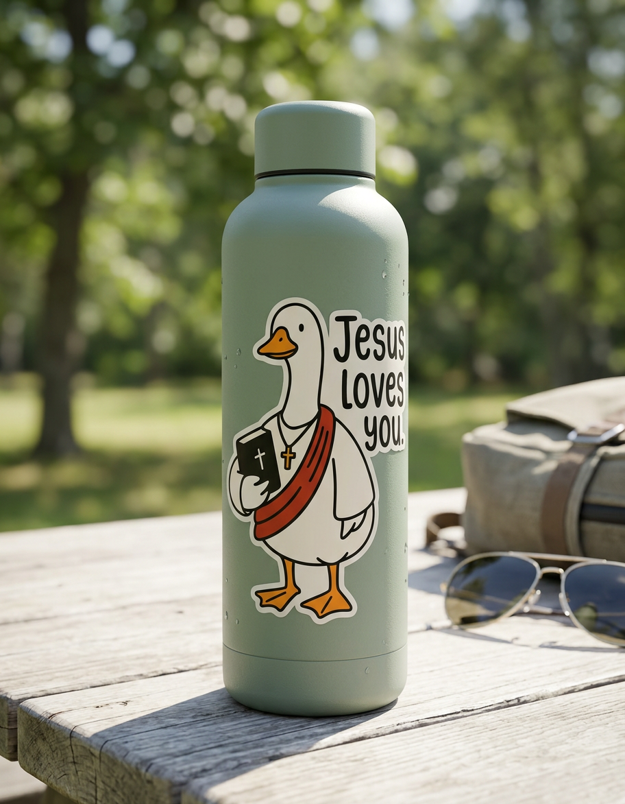 Light green water bottle with a silly goose and 'Jesus Loves You' text on a wooden surface outdoors.