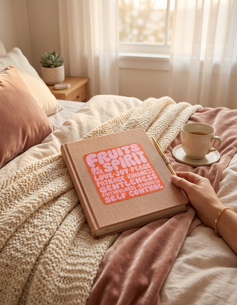 Book with sticker 'Fruits of the Spirit' on a bed with a cup of coffee, soft lighting.