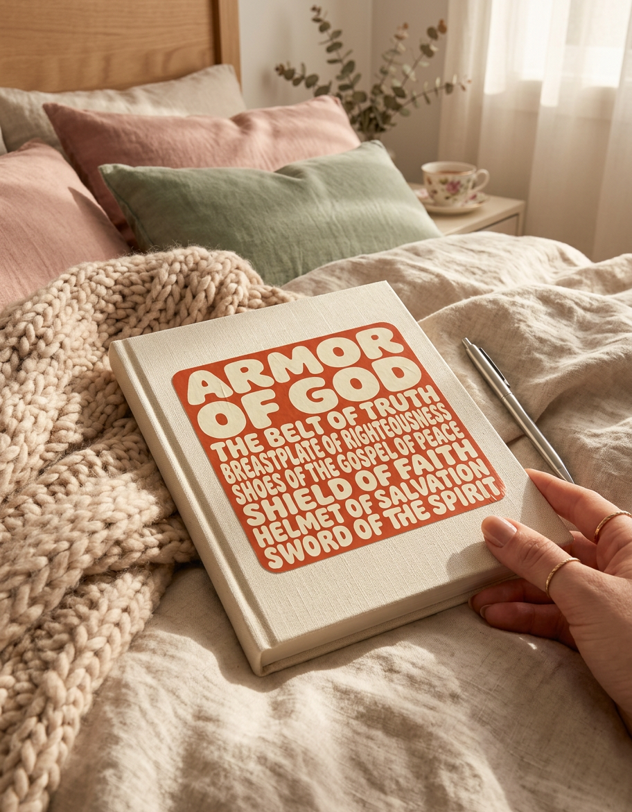 Book with sticker 'Armor of God' on a bed with a hand holding it.