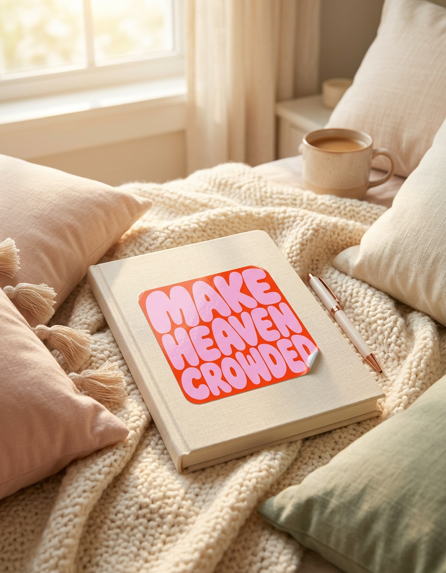 Notebook with 'MAKE HEAVEN CROWDED' sticker on a cozy bed with pillows and a cup of coffee.