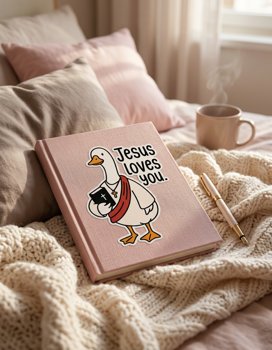 Notebook with 'Jesus loves you' sticker on a cozy bed with pillows and a mug.