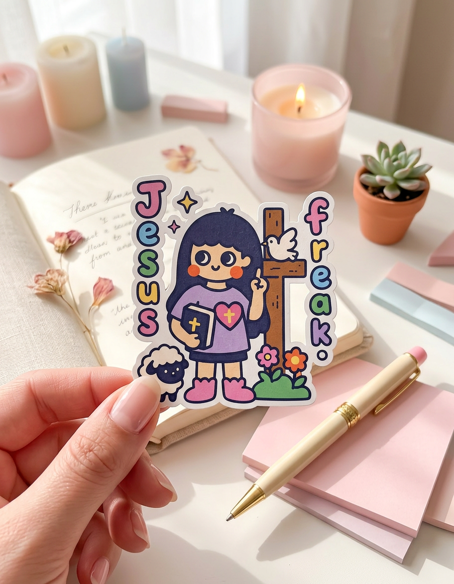 Sticker with cartoon character and text 'Jesus freak' held over a notebook and candles.