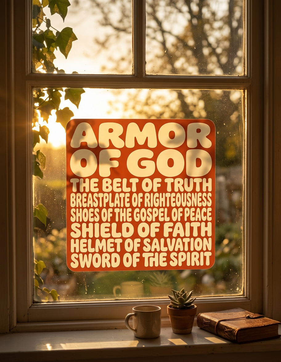 Decorative sticker with 'Armor of God' text on a window sill with a cup, plant, and notebook.