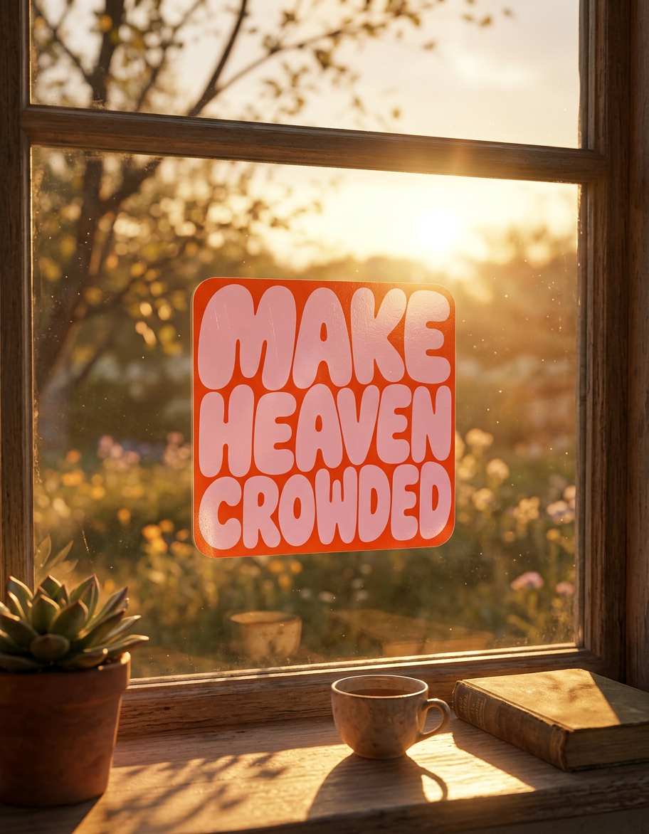 Window with 'MAKE HEAVEN CROWDED' sticker, cup, book, and plant on a windowsill.