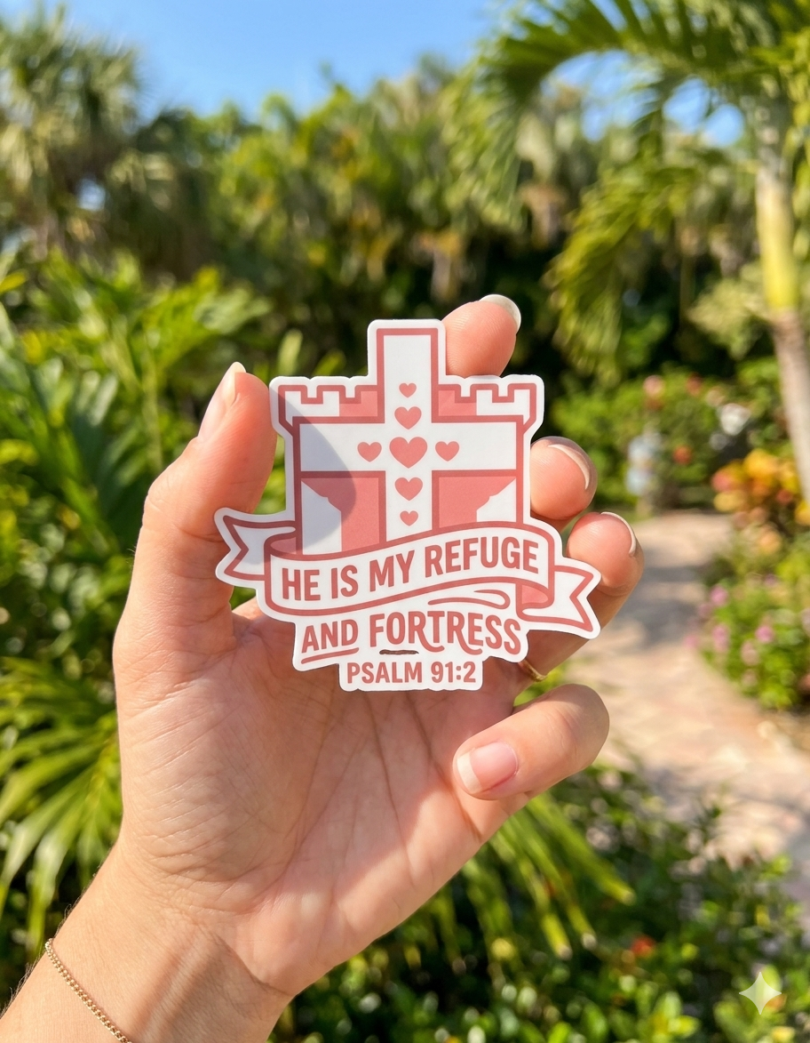 A hand holds a custom vinyl die-cut sticker outdoors against a soft, blurred background of green foliage and pink flowers. The sticker features a pink and white castle fortress design integrated with a cross decorated with small hearts. A pink banner wraps across the bottom with the text "HE IS MY REFUGE AND FORTRESS" above the scripture reference "PSALM 91:2."