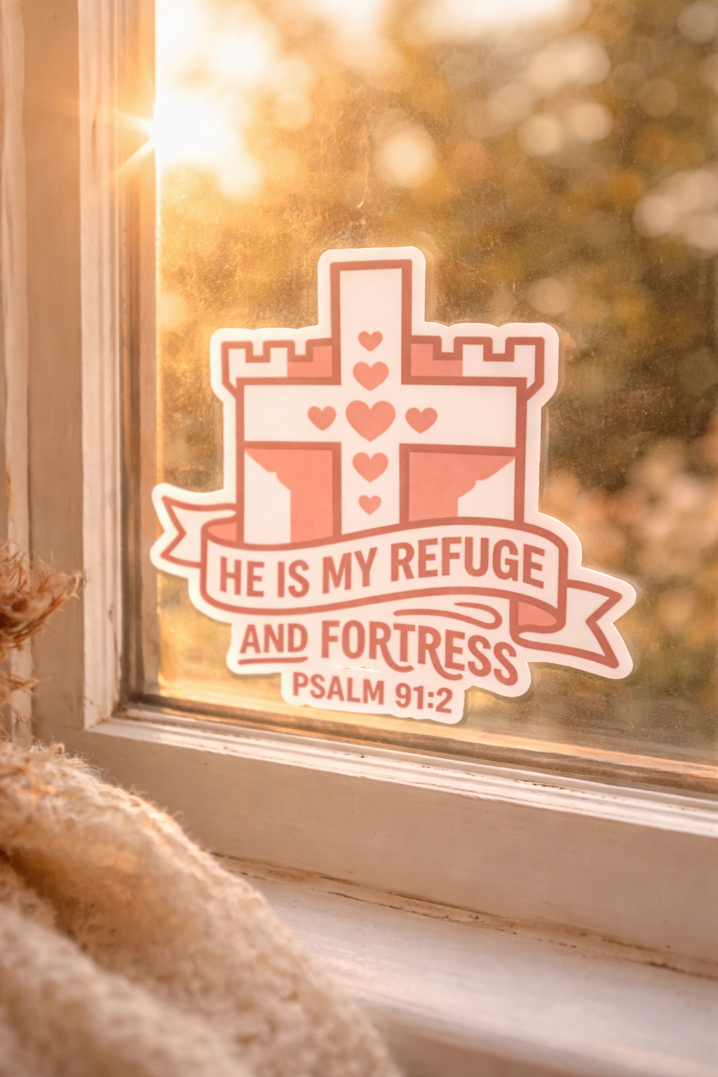 Pink Christian castle sticker with Psalm 91:2 verse, “He is my refuge and fortress,” displayed on a sunlit window with warm golden light and soft autumn background.