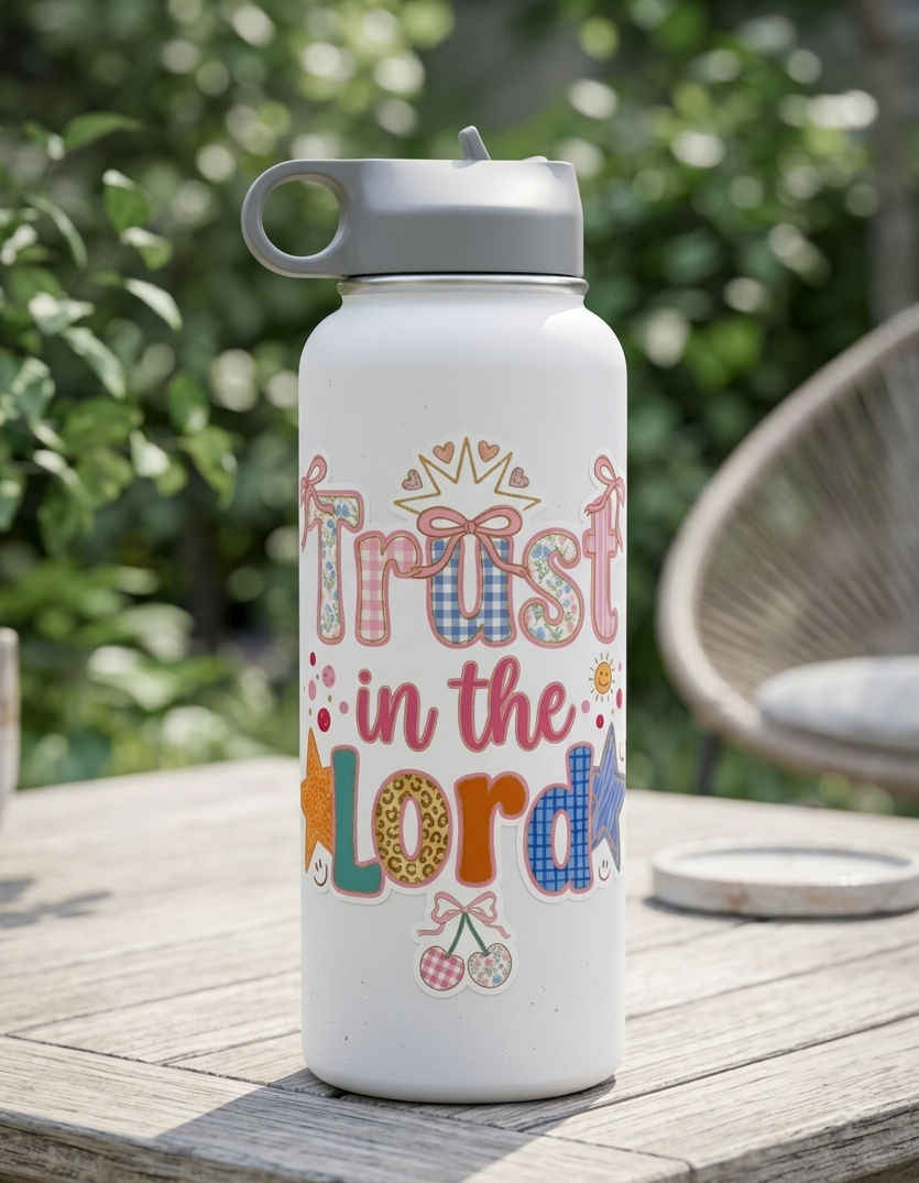 White water bottle with colorful sticker 'Trust in the Lord' on a wooden table outdoors.