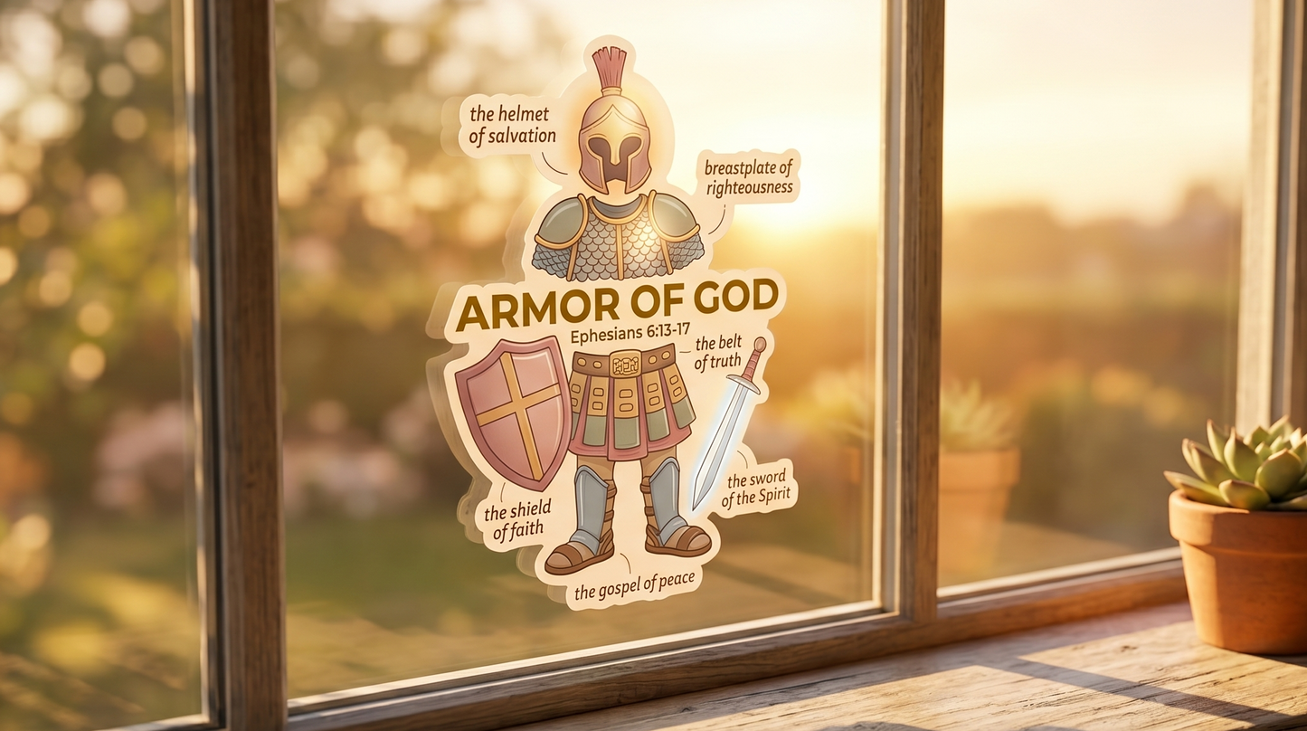 Window with 'Armor of God' sticker and potted plant on windowsill