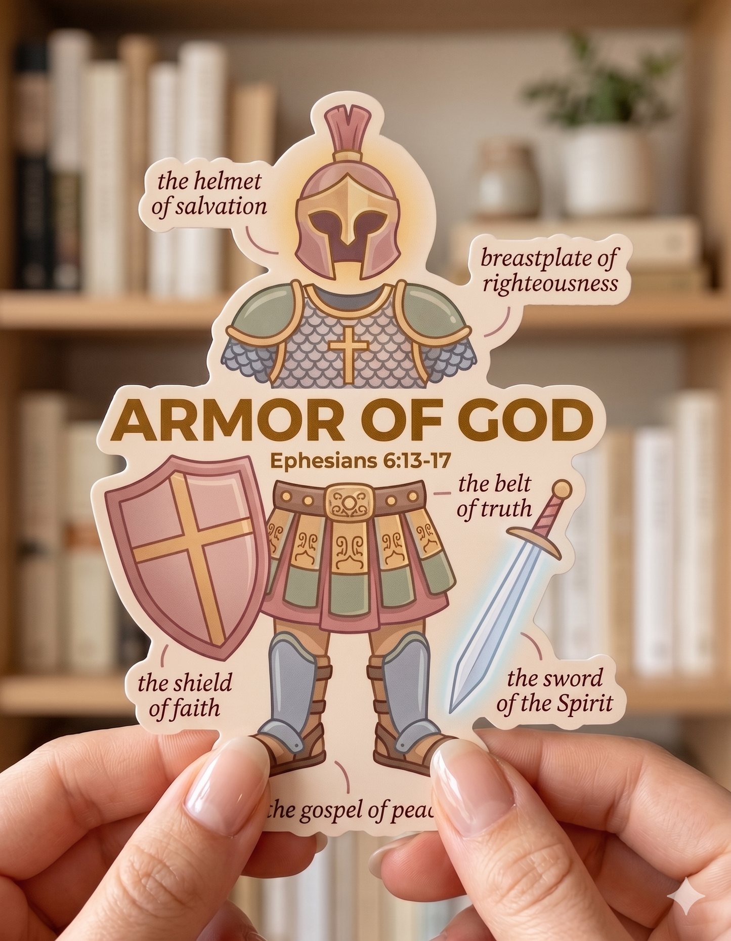 Sticker of armor of God with labeled parts held by a person in front of a bookshelf.