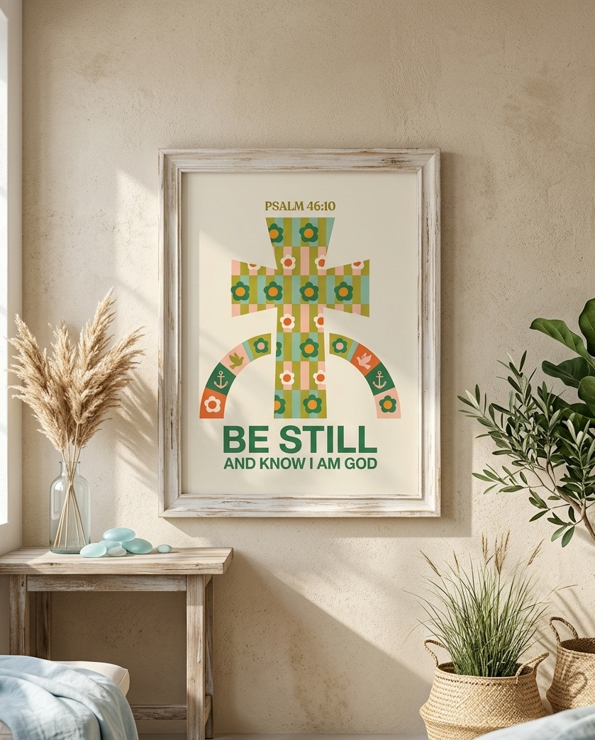 Wooden picture frame leaning against a beige wall, showcasing Christian wall art with floral cross and “Be Still” message in warm sunlight.