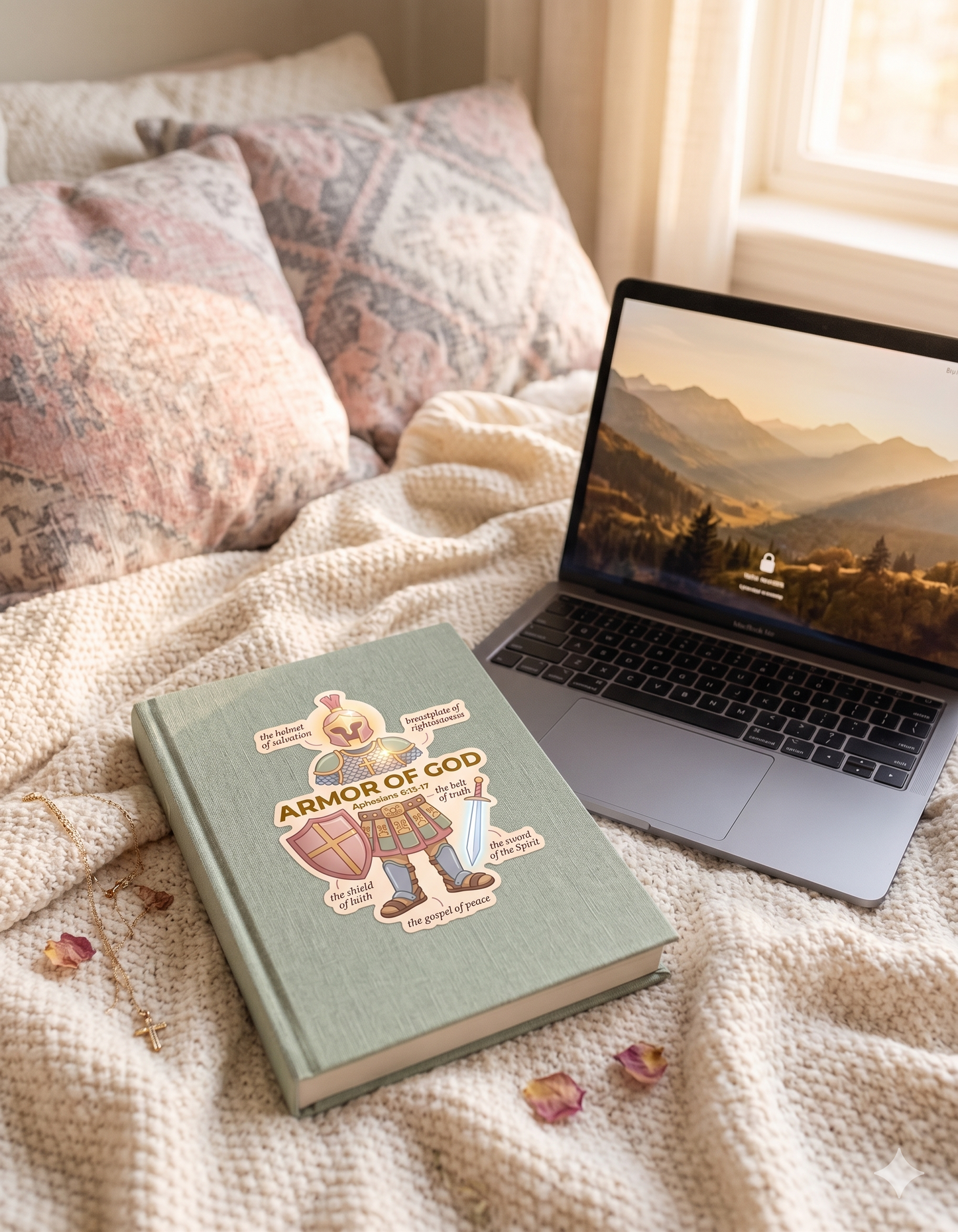 Book with 'Armor of God' sticker on a bed next to a laptop displaying a scenic image.