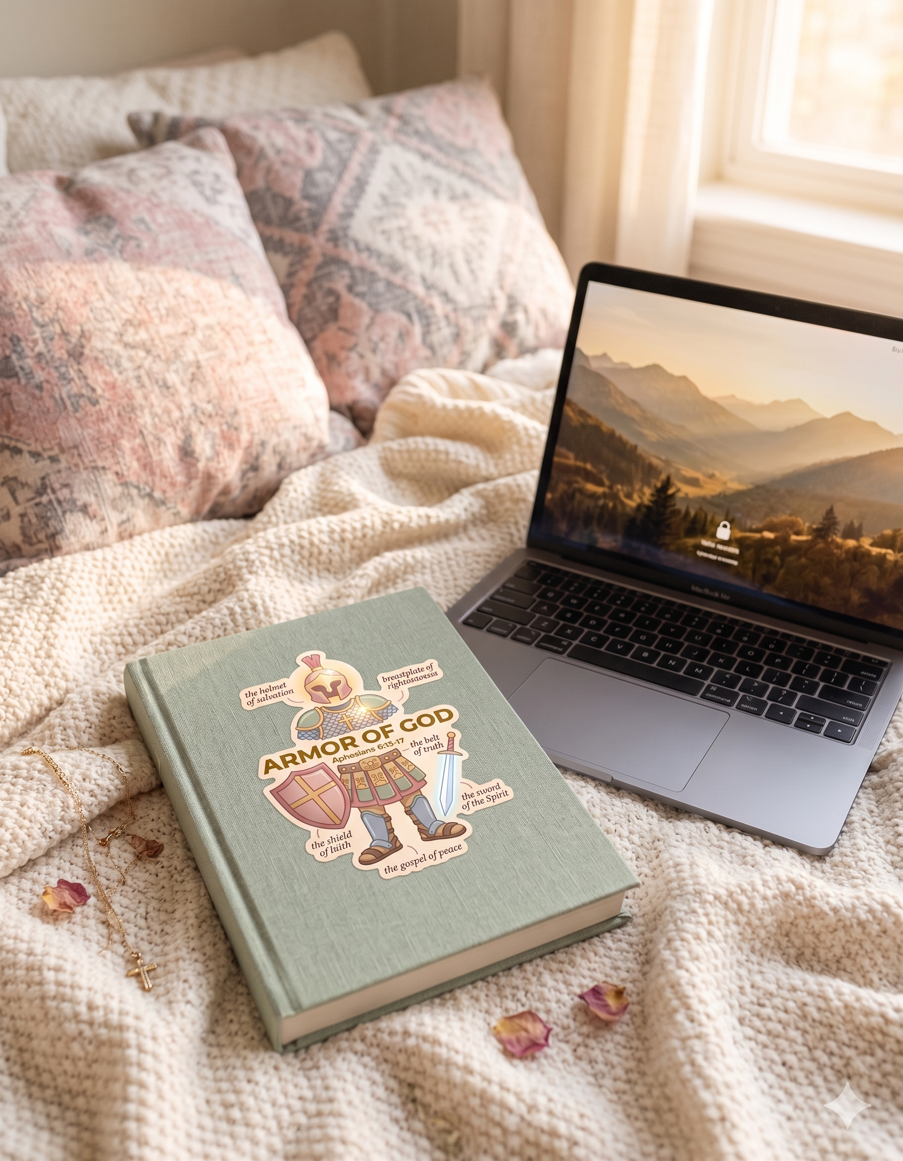 Book with 'Armor of God' sticker on a bed next to a laptop displaying a scenic image.