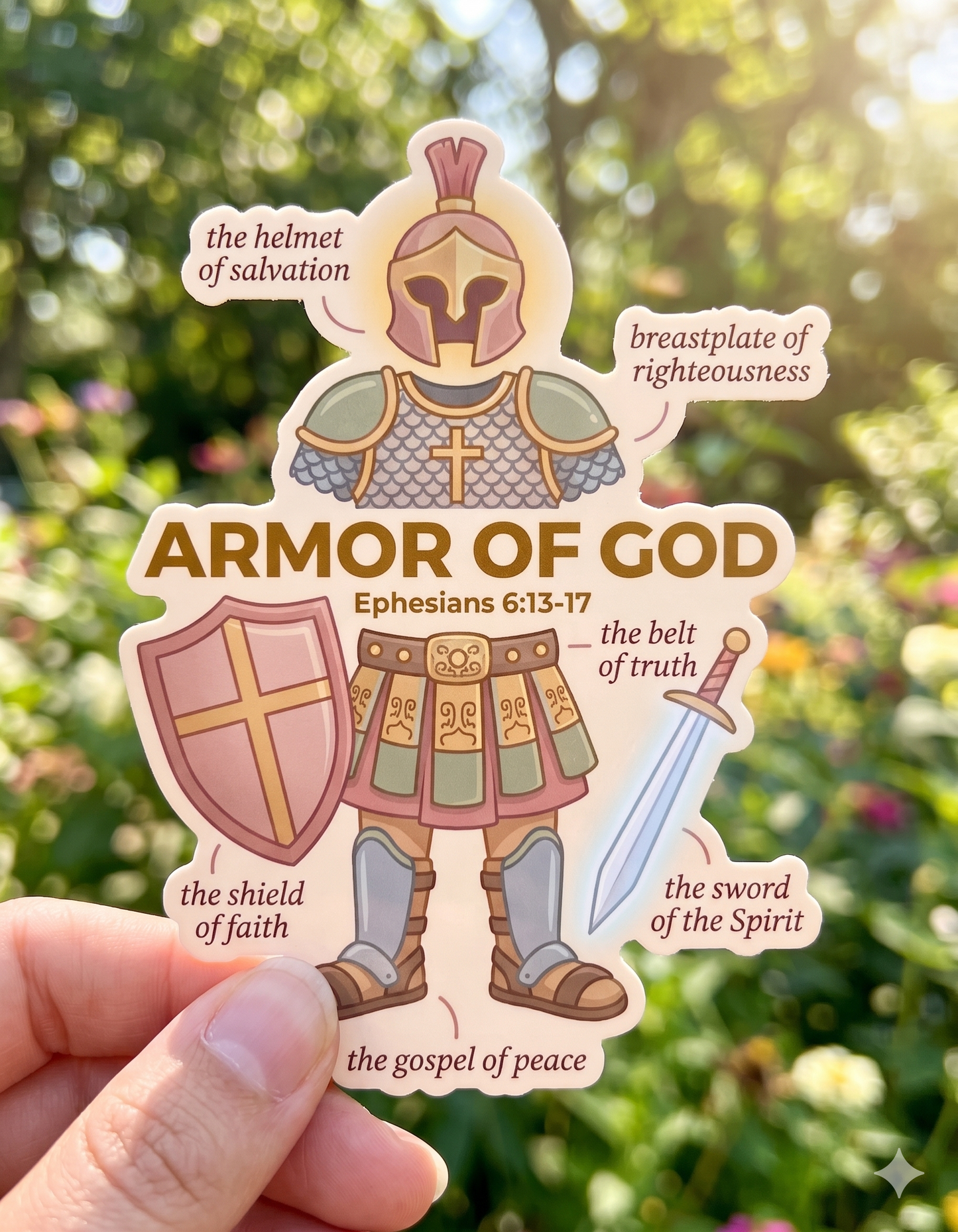 Sticker of Armor of God with labeled parts against a blurred natural background
