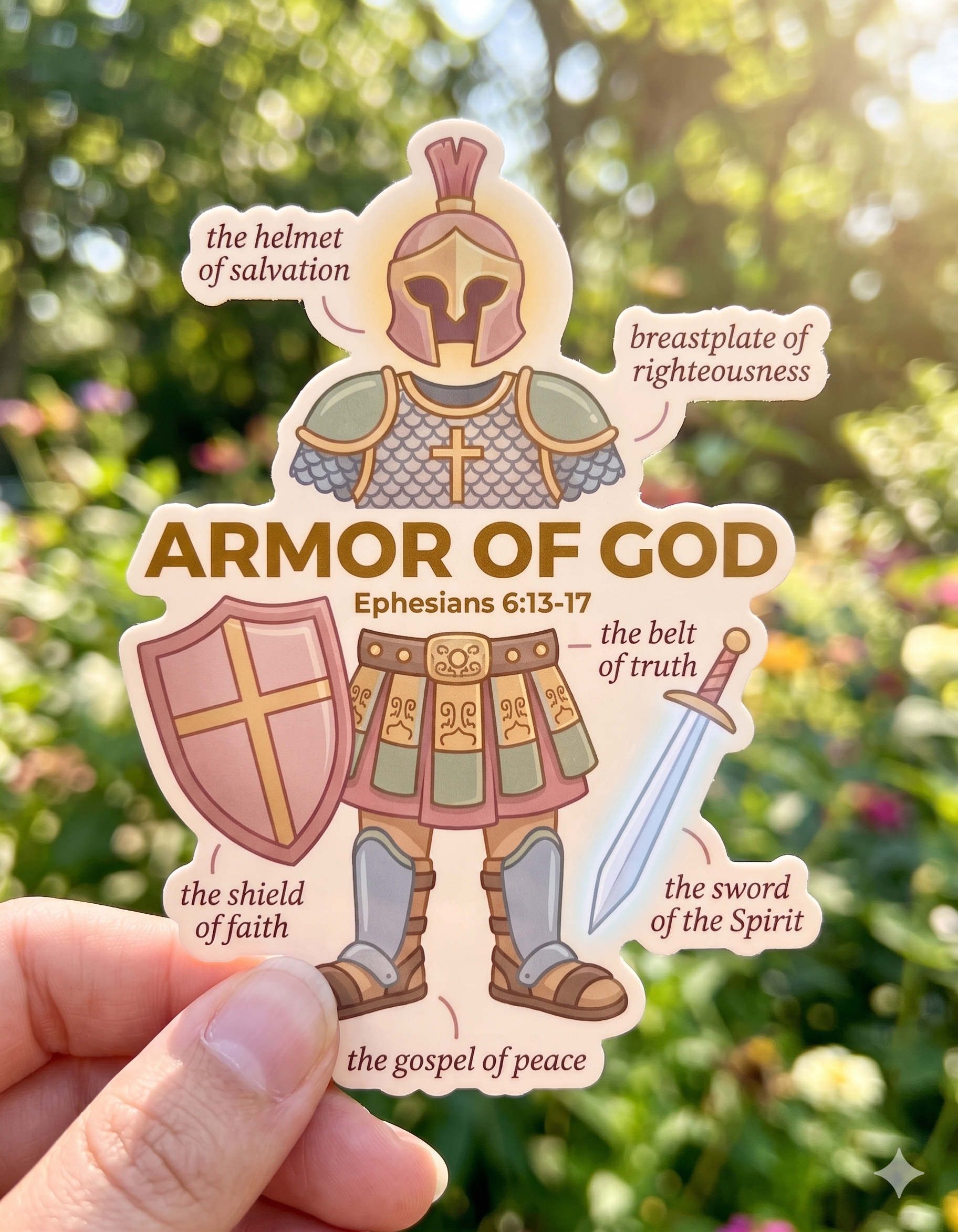 Sticker of Armor of God with labeled parts against a blurred natural background