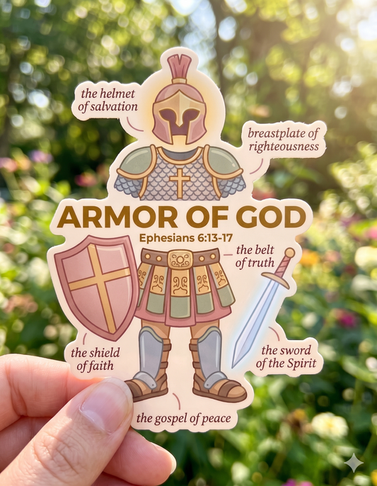 Sticker of Armor of God with labeled parts against a blurred natural background