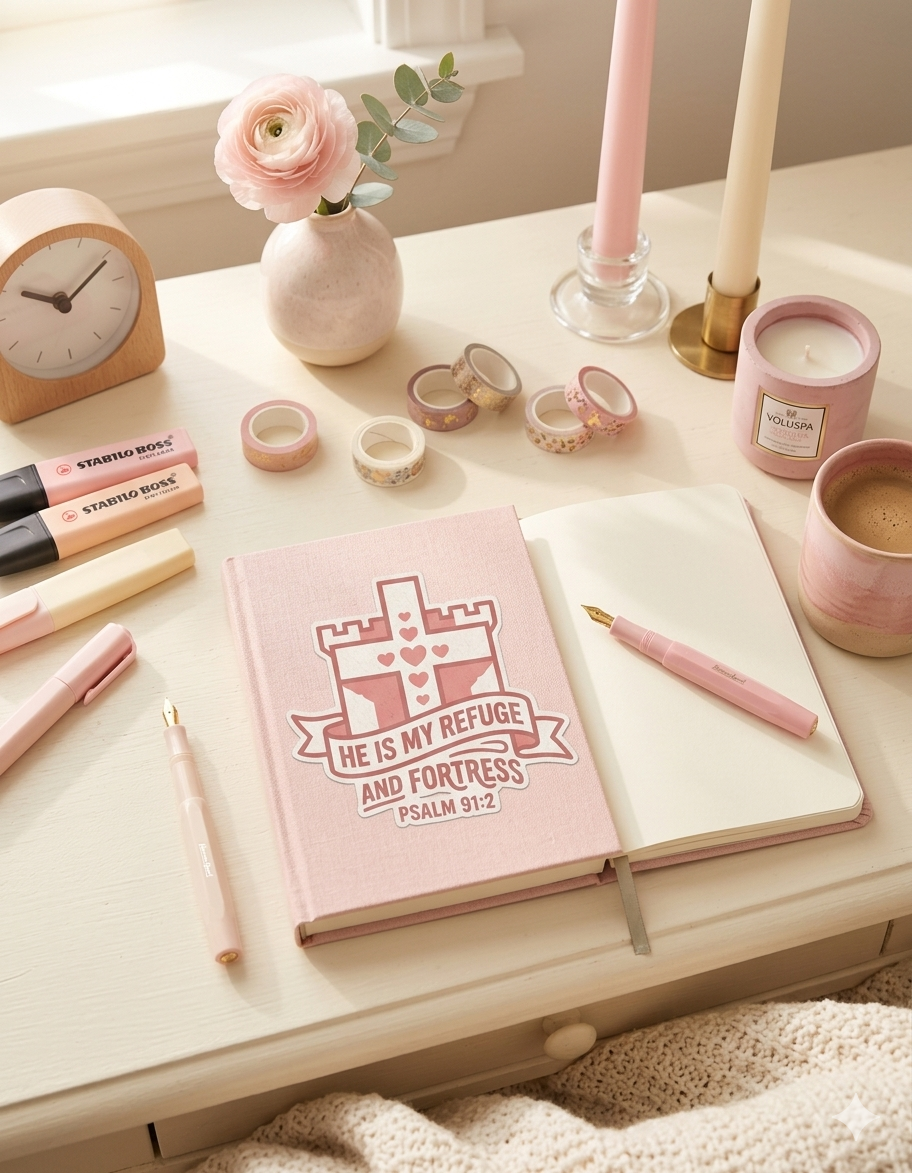 Pink journal with a faith-inspired sticker featuring a castle cross design and the Bible verse “He is my refuge and fortress” from Psalm 91:2, styled in soft pastel Christian stationery decor.