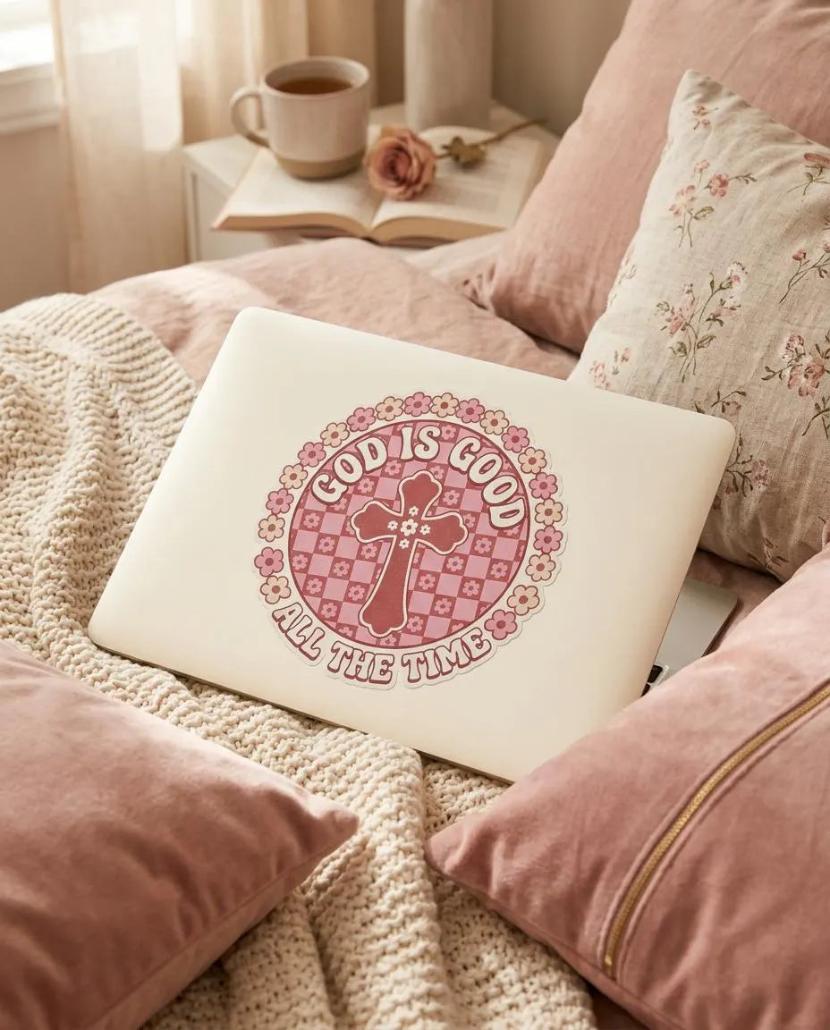 Pink Christian sticker on laptop featuring floral checkerboard cross design and the phrase “God Is Good All The Time” in retro vintage lettering.
