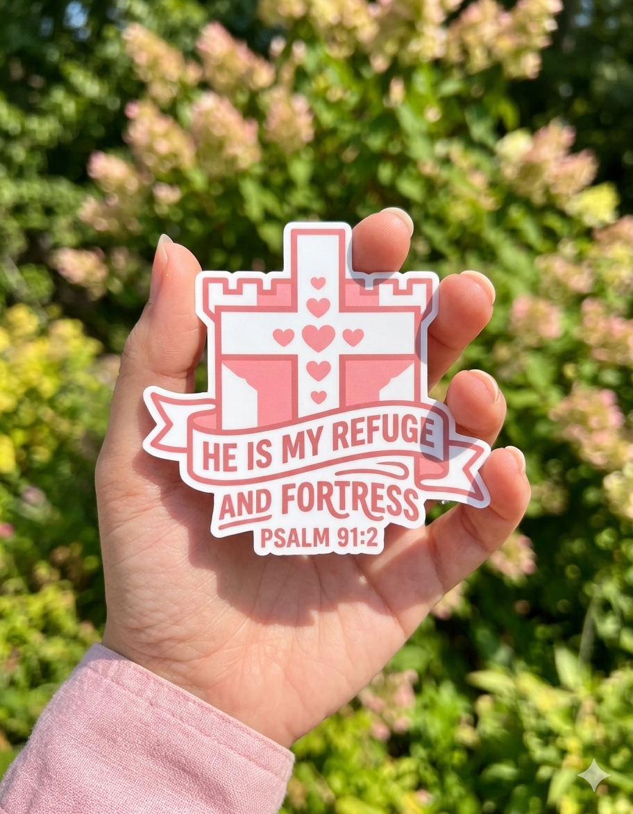 A person’s hand holds a Christian vinyl sticker featuring a unique pink and white castle-shaped cross adorned with small hearts. The die-cut sticker displays the Bible verse "HE IS MY REFUGE AND FORTRESS" alongside the scripture reference "PSALM 91:2" on a decorative banner. The background features a soft-focus view of sunlit garden greenery and pink flowers, emphasizing the sticker's vibrant colors.