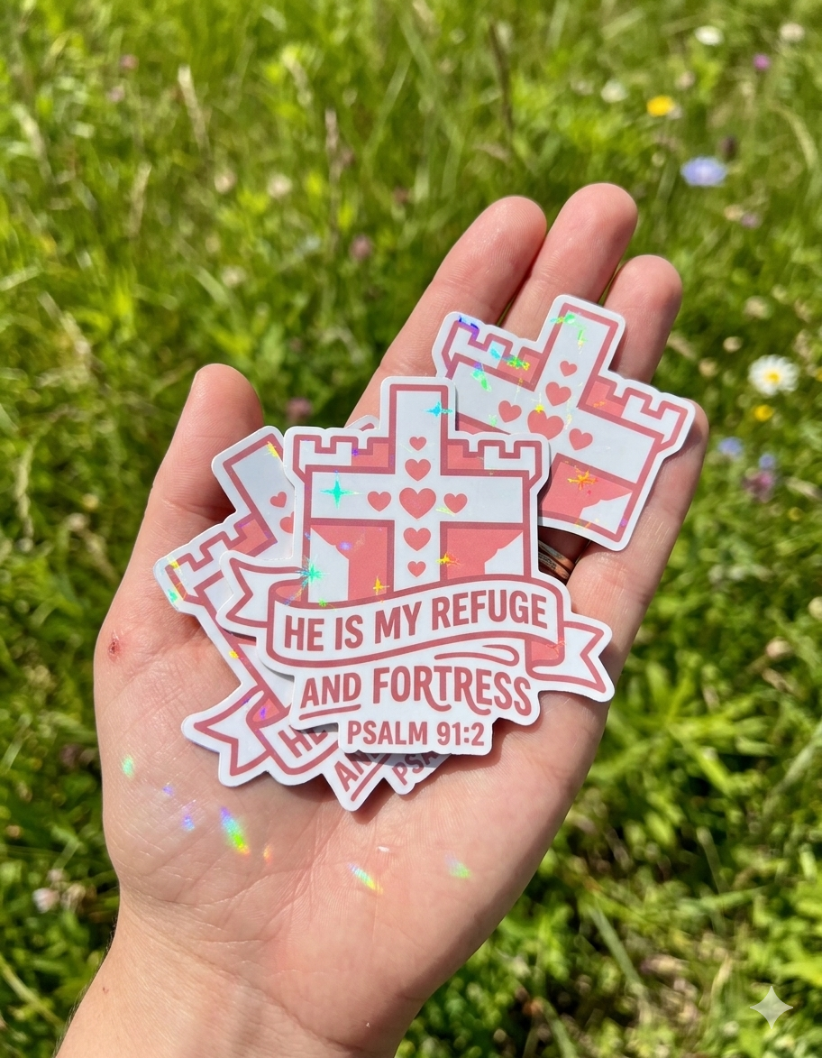 Close-up of hand holding pastel pink holographic Psalm 91:2 Christian stickers with castle cross artwork and the phrase “He is my refuge and fortress,” photographed outdoors in natural sunlight