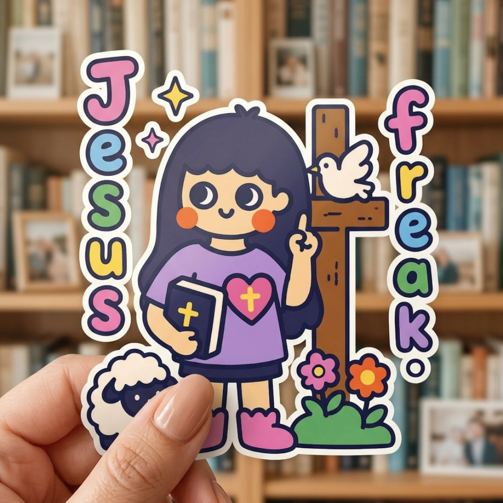 Sticker of a cartoon character holding a cross with 'Jesus Freak' text, held in front of a bookshelf.