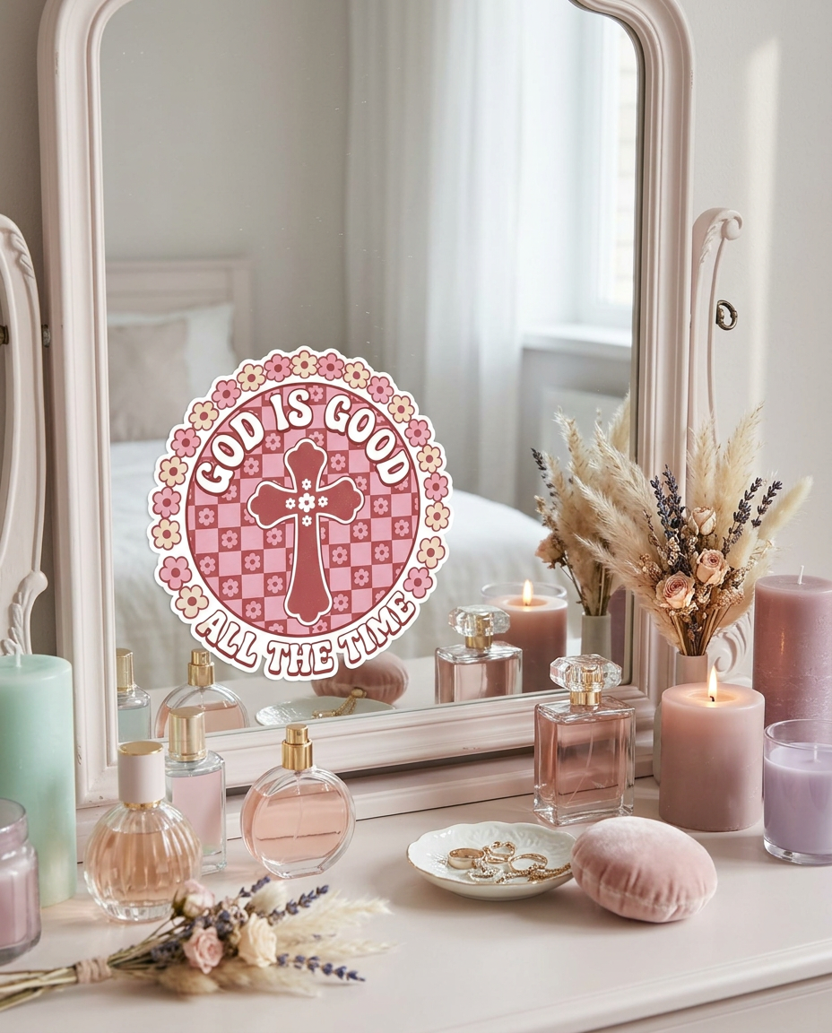 Pink Christian sticker on vanity mirror featuring floral checkerboard cross design and the phrase “God Is Good All The Time” in retro vintage lettering.
