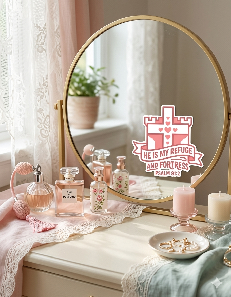 A pink and white vinyl sticker featuring a castle-shaped cross and the scripture "HE IS MY REFUGE AND FORTRESS PSALM 91:2" is applied to a round, gold-framed vanity mirror. The mirror sits on a white dressing table decorated in a coquette aesthetic with perfume bottles, a pink lace runner, candles, and jewelry, creating a serene and faith-inspired atmosphere.