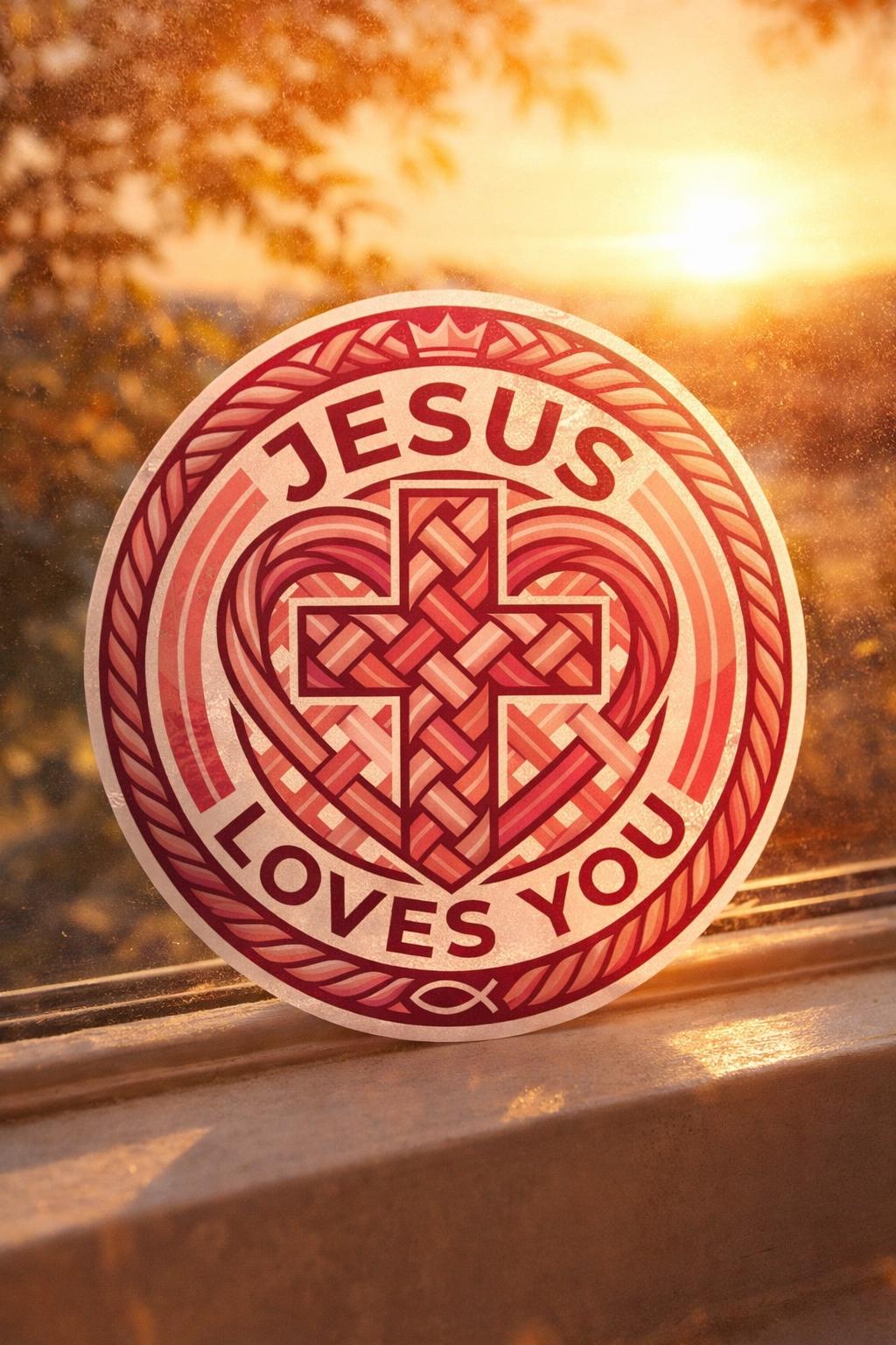 Round sticker with 'Jesus Loves You' text and cross design on a reflective surface with sunset background