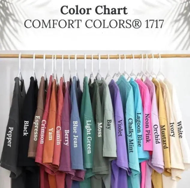 Color chart for Comfort Colors® 1717 with shirts on hangers labeled with color names.
