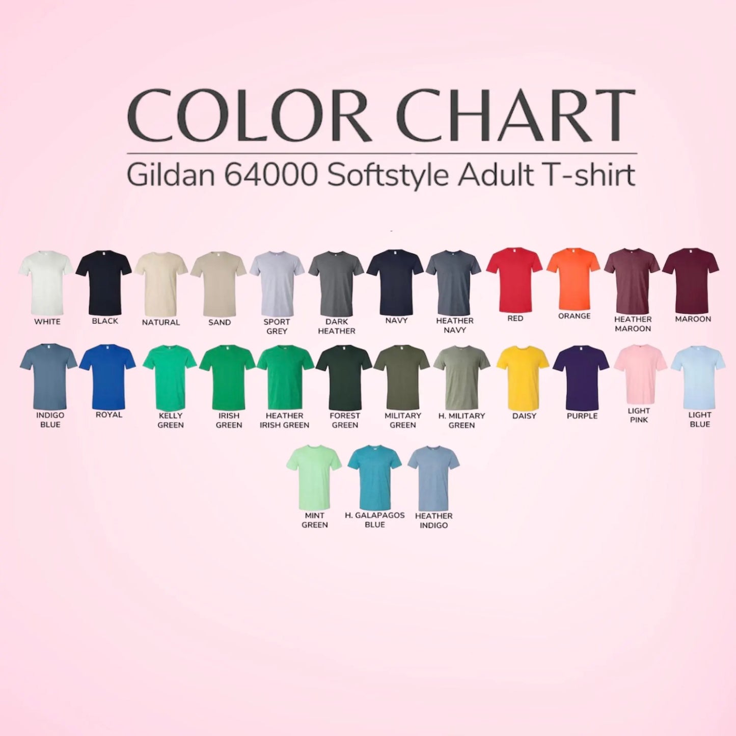 Color chart for Gildan 64000 Softstyle Adult T-shirts on a pink background