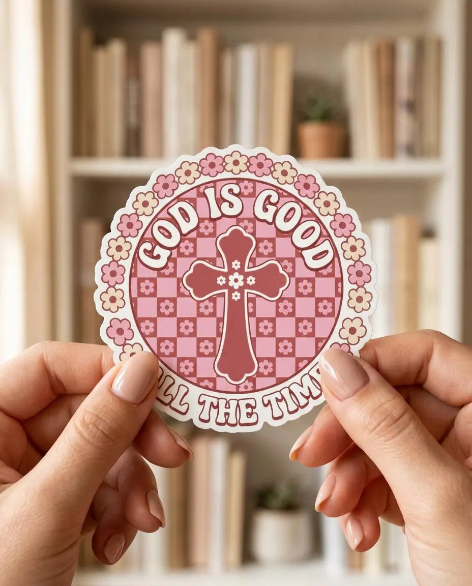 Retro Christian sticker with pink checkerboard floral design and cross centerpiece featuring the phrase “God Is Good All The Time” in bold vintage lettering.