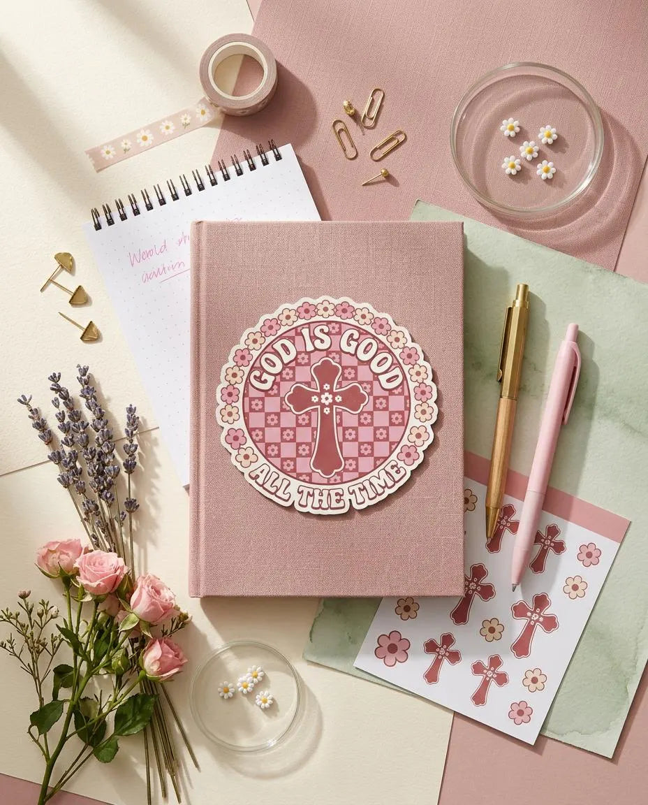 Pink floral Christian sticker on journal featuring a checkerboard cross design and the phrase “God Is Good All The Time” in retro bubble lettering.