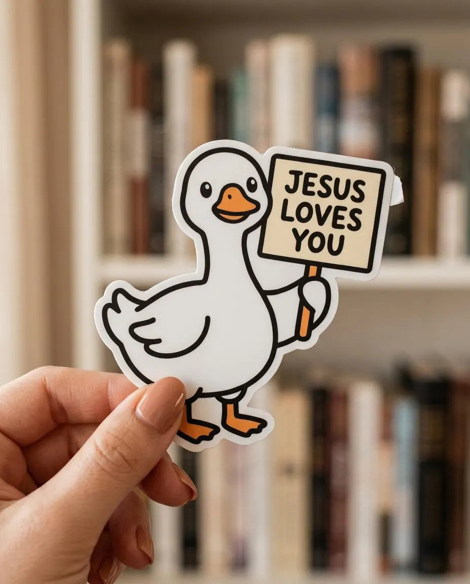 Sticker of a goose holding a 'Jesus Loves You' sign held by a hand with a blurred bookshelf background.