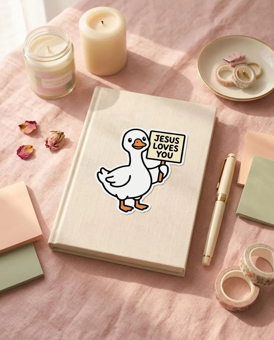 Notebook with a goose illustration and 'Jesus Loves You' sign on a pink surface with candles and stationery.