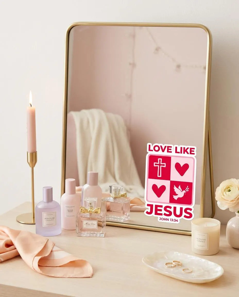 Decorative setup with a mirror, candles, and perfume bottles on a table, featuring a 'Love Like Jesus' sticker.